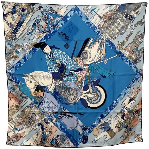 Hermes Accessories - Hermes blue and peach silk scarf "Les Artisans" by Akira Yamaguchi